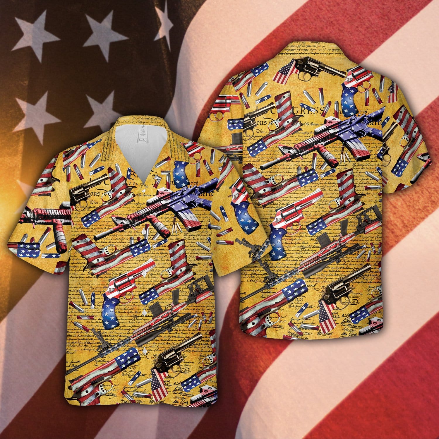 US Flag Gun Yellow Unisex Hawaiian Shirts{Size}