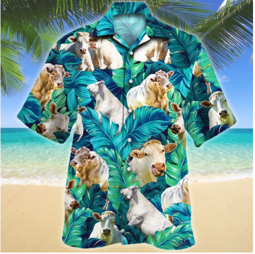 White Cow Tropical Leaf Pattern Hawaiian Shirt{Size}