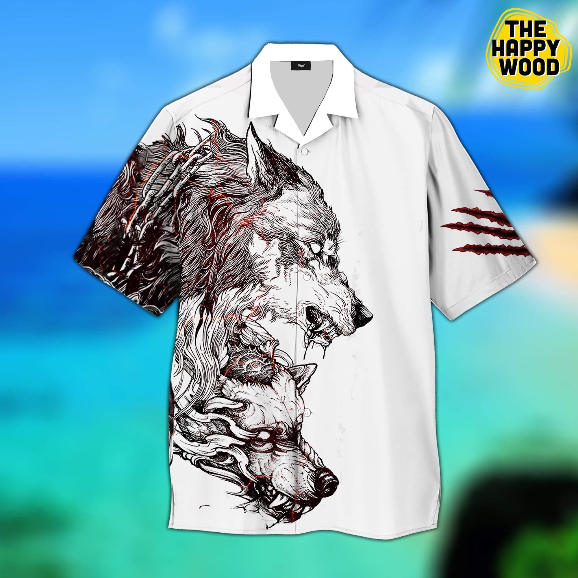 Tattoo Wolf Red 3D Hawaiian Hawaii Shirt{Size}