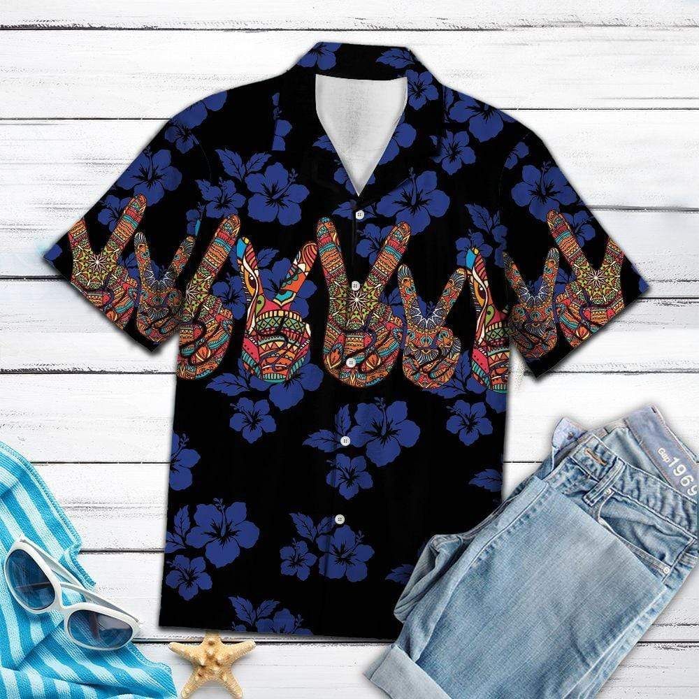 Shop Blue Mandala Peace Symbol V Sign Hippie Hawaiian Aloha Shirts{Size}