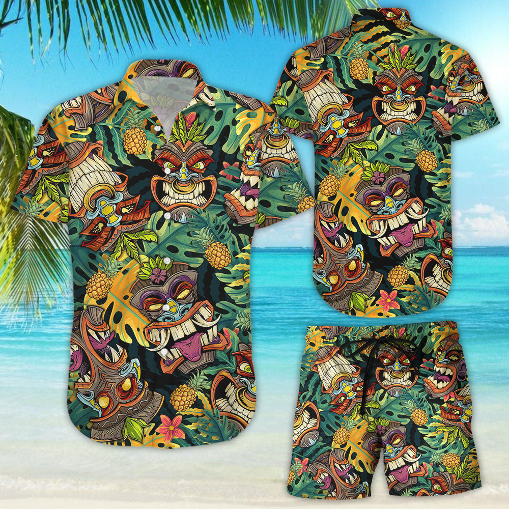 Tropical Hawaiian Shirt - Aloha Tiki Mask Green Tropical Hawaii Shirt - Best Summer Gifts For Men{Size}