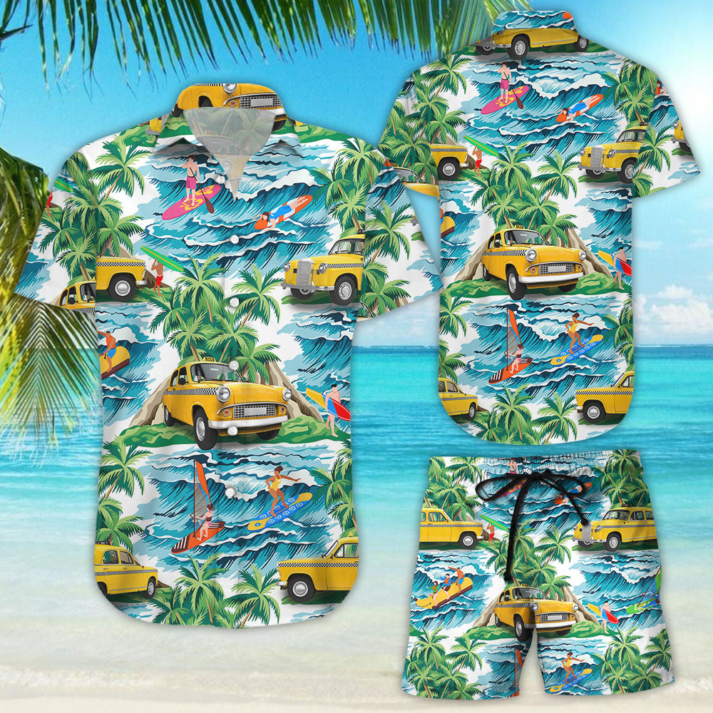 Surf Hawaiian Shirt - Yellow Taxi And Surfing Tropical Hawaii Shirt - Surf Themed Gifts{Size}