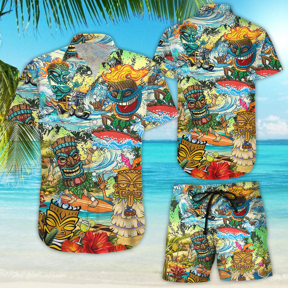 Tiki Hawaiian Shirt - Tiki Surfboard Drinking Beach Get Here Funny Hawaii Shirt - Best Gift For Summer{Size}