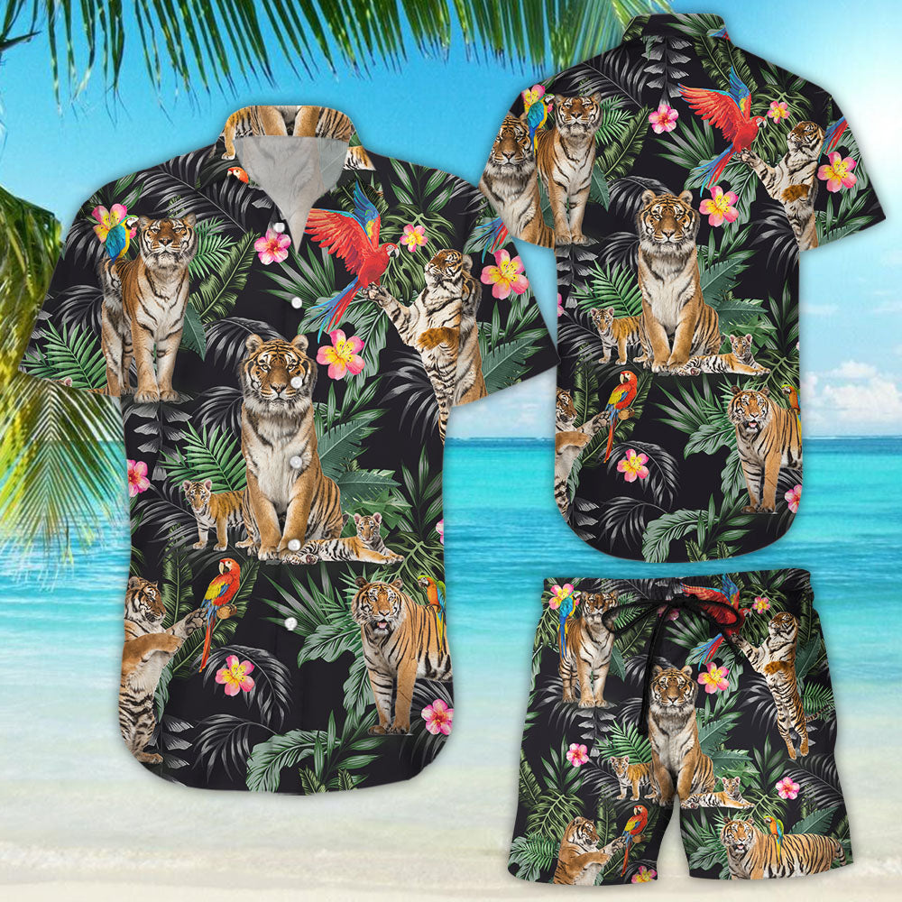 Tiger Hawaiian Shirt - Tiger And Parrot Tropical Button Down Shirts - Gifts For Tiger Lovers{Size}