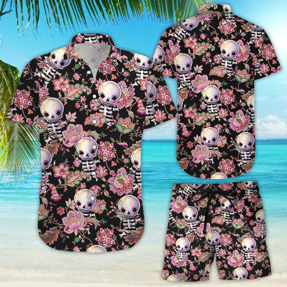 Sugar Skull Hawaiian Shirt - Skull Flowers Pattern Button Down Shirts - Skull Presents For Her{Size}