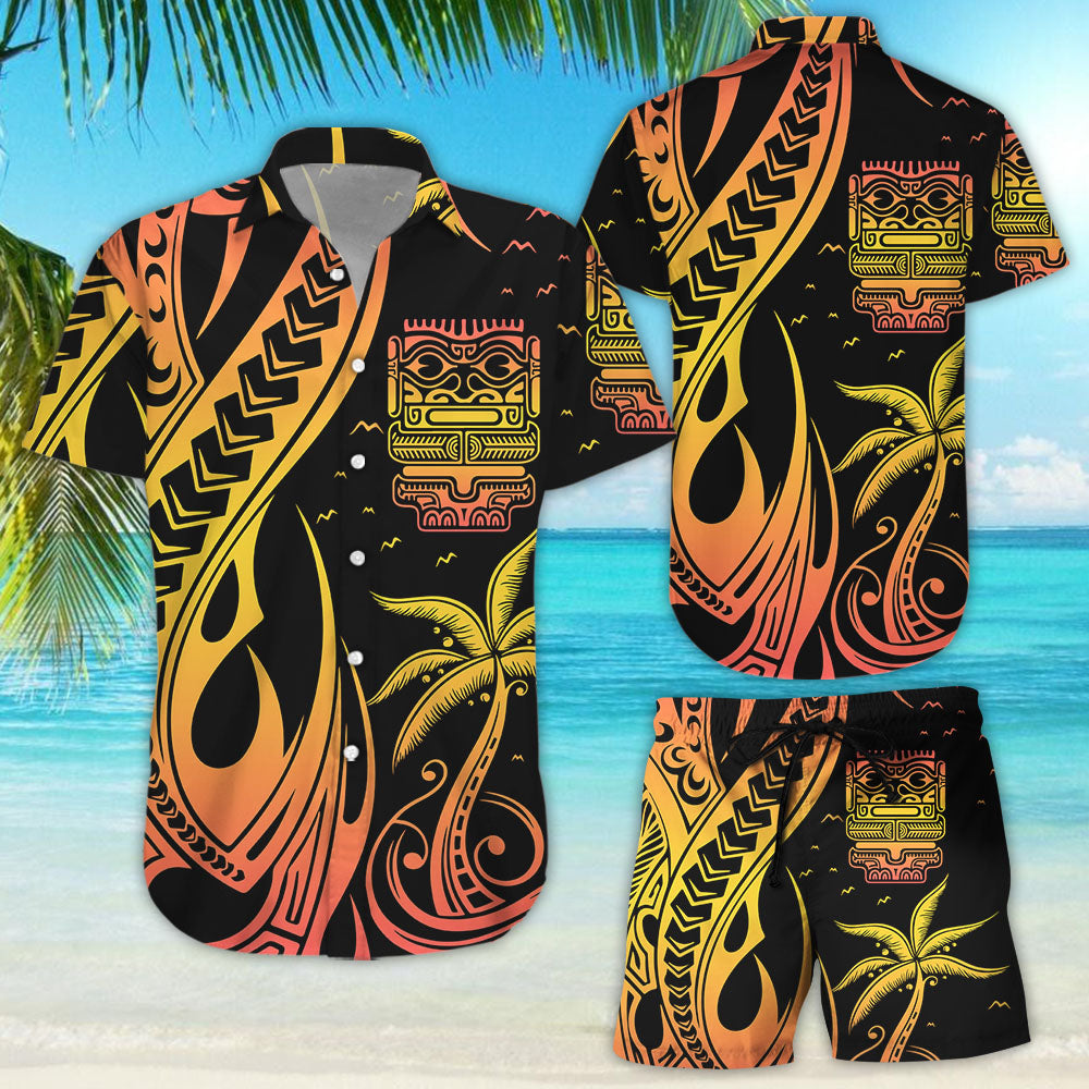 Tiki Hawaiian Shirt - Black And Yellow Maori Tiki Tattoo Hawaii Shirt - Polynesian Gift Ideas{Size}