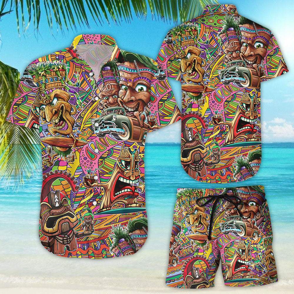 Tiki Hawaiian Shirt - Surfing Tiki Colourful Button Down Shirts - Tropical Themed Gift Ideas{Size}