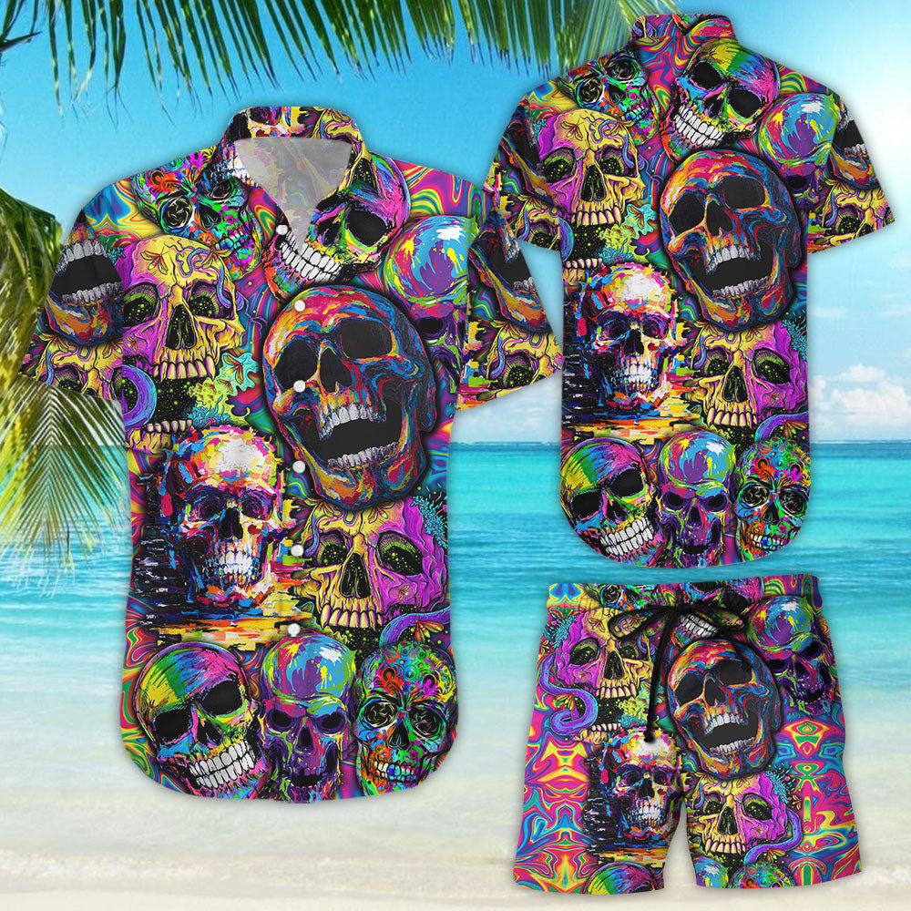 Skull Print Hawaiian Shirt - Hippie Painting Skull Button Down Shirts - Sugar Skull Gifts{Size}