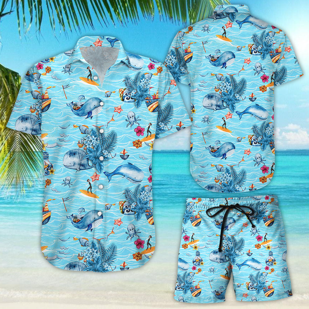 Whale Hawaiian Shirt - Whale and Boat Button Down Shirts - Gifts For Whale Lovers{Size}