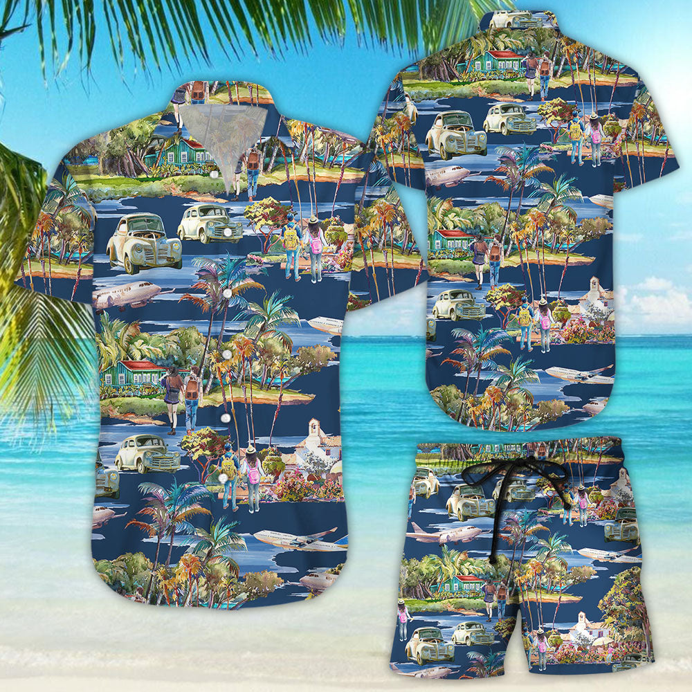 Travel Summer Hawaiian Shirt - Travelers With Airplane Car Button Down Shirt - Gift For Summer{Size}