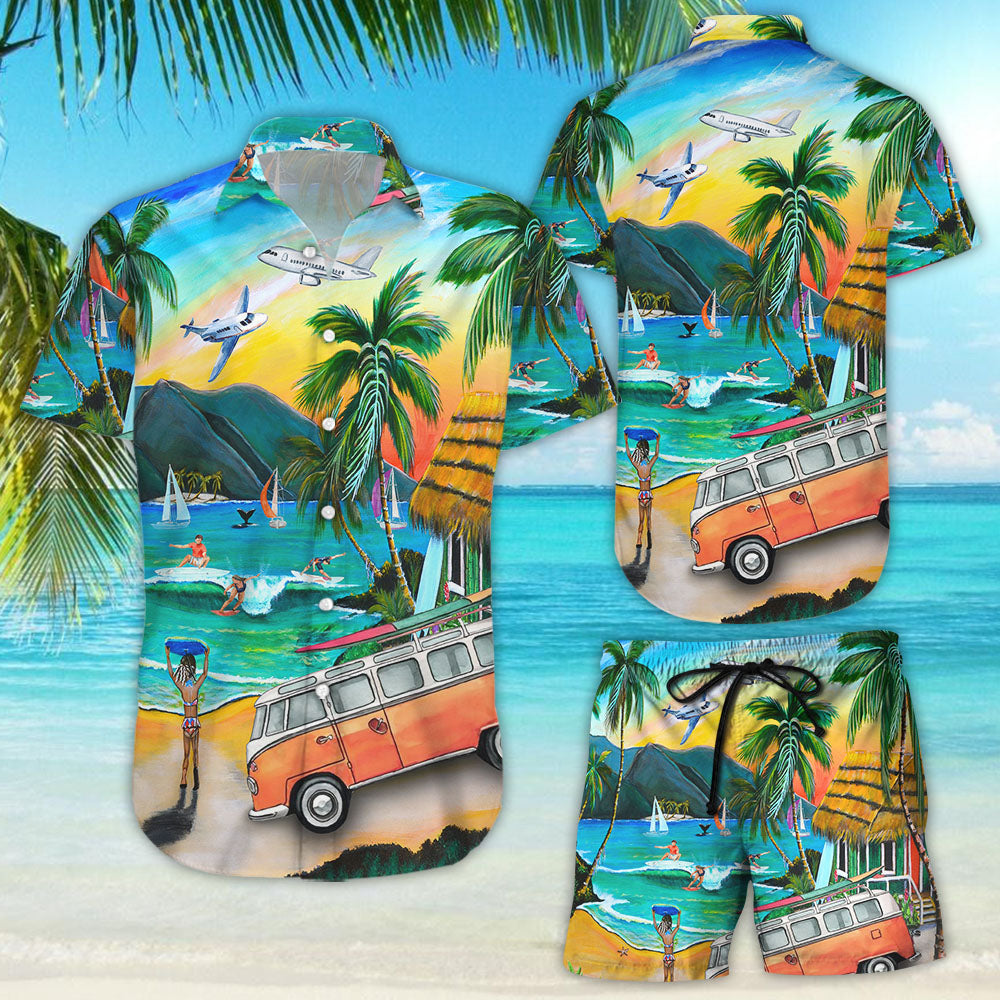 Surfing Hawaiian Shirt - Van Boat Airplane Surf Watercolor Summer Beach Hawaii Shirt - Hawaii Gift{Size}