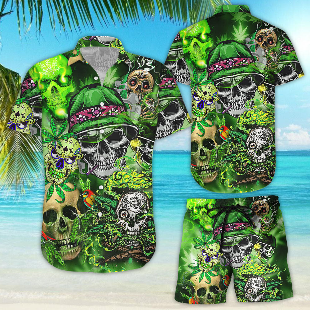 Skull Tropical Hawaiian Shirt - Smoking Skull Smile Love Weed Green Aloha Hawaii Shirt - Skull Present Ideas{Size}