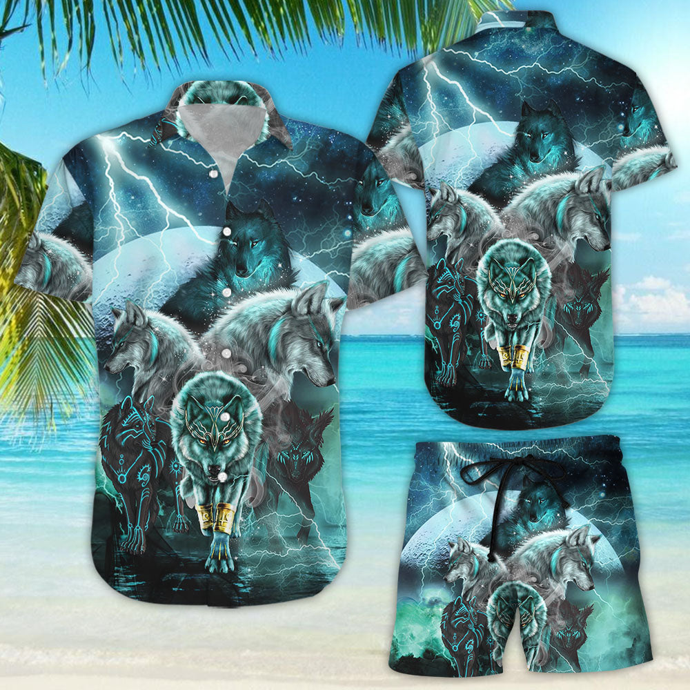 Wolf Hawaiian Shirt - Cool Wolves At Moon Night Button Down Shirts - Gifts For Wolf Lovers{Size}