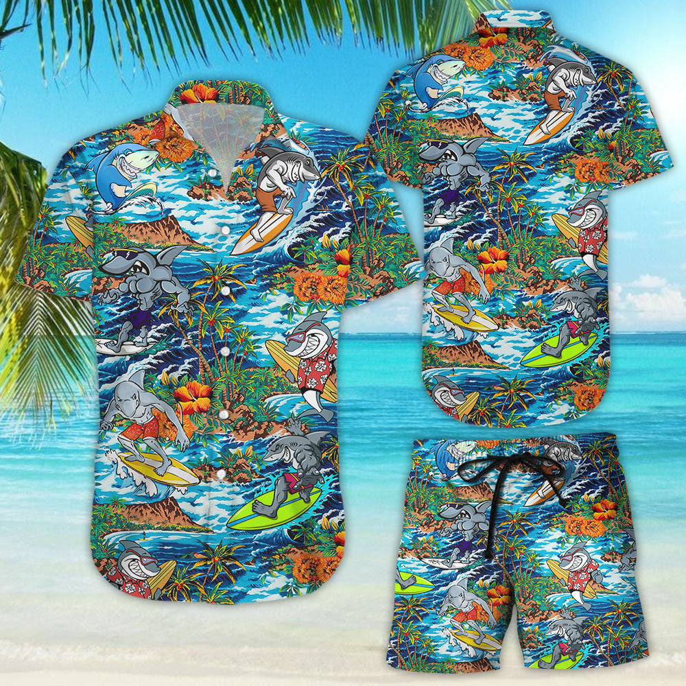 Surfing Hawaiian Shirt - Surfing Shark Tropical Island Beach Aloha Hawaii Shirt - Gift Ideas For Shark Lovers{Size}