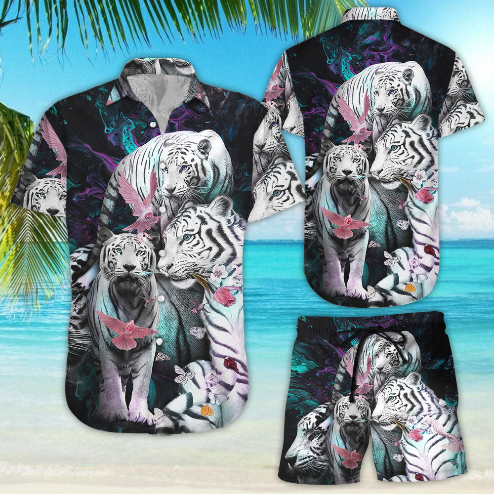 Tiger Hawaiian Shirt - White Tigers With Pink Birds Hawaii Shirt - Present For Tiger Lovers{Size}