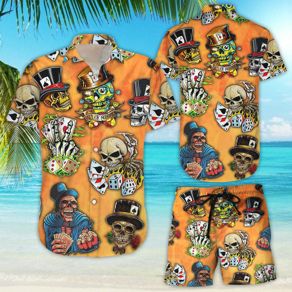 Skull Print Hawaiian Shirt - Funny Skull Poker Orange Hawaii Shirt - Skull Anniversary Gifts{Size}