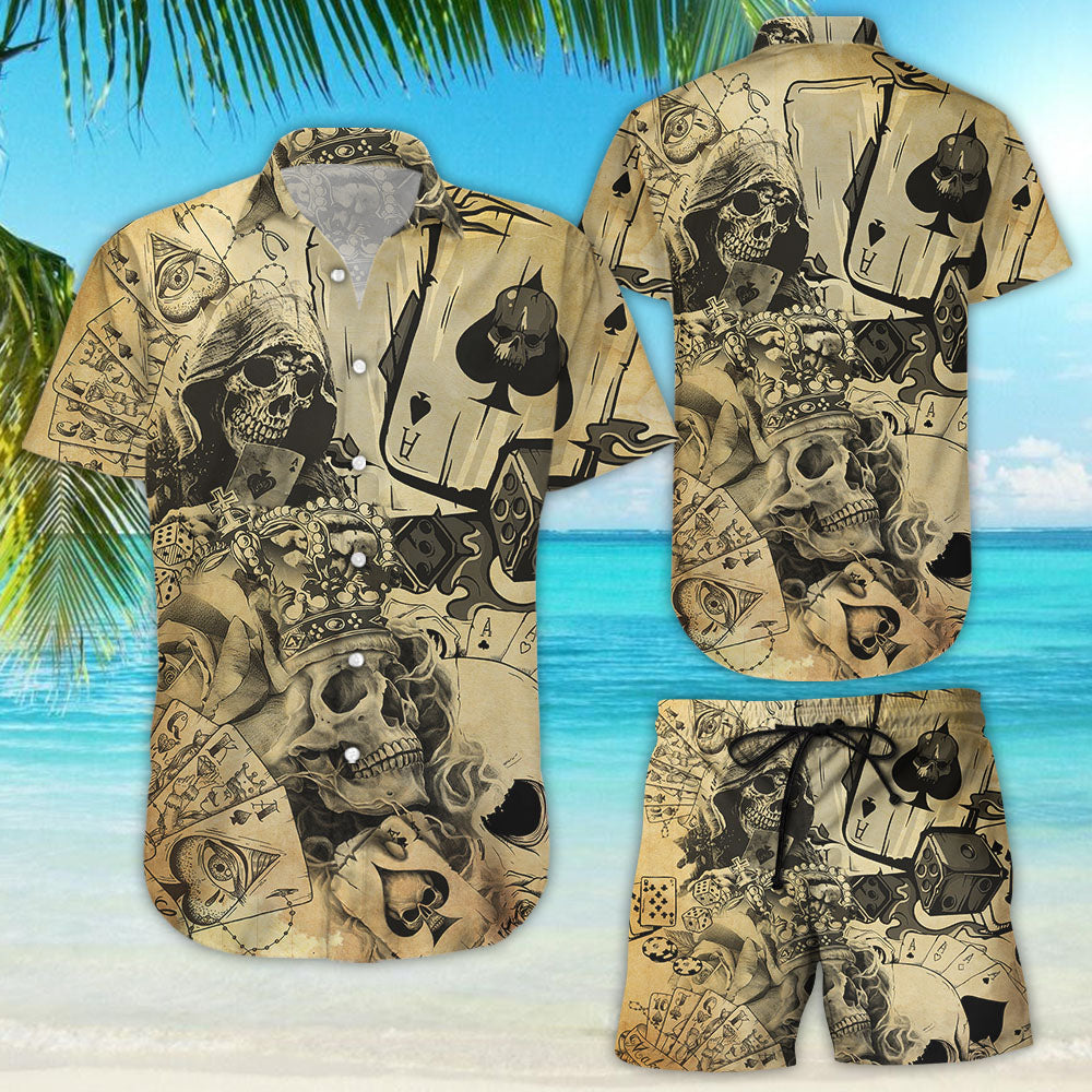 Skull Print Hawaiian Shirt - Crown King Poker Skull Hawaii Shirt - Skull Themed Presents{Size}