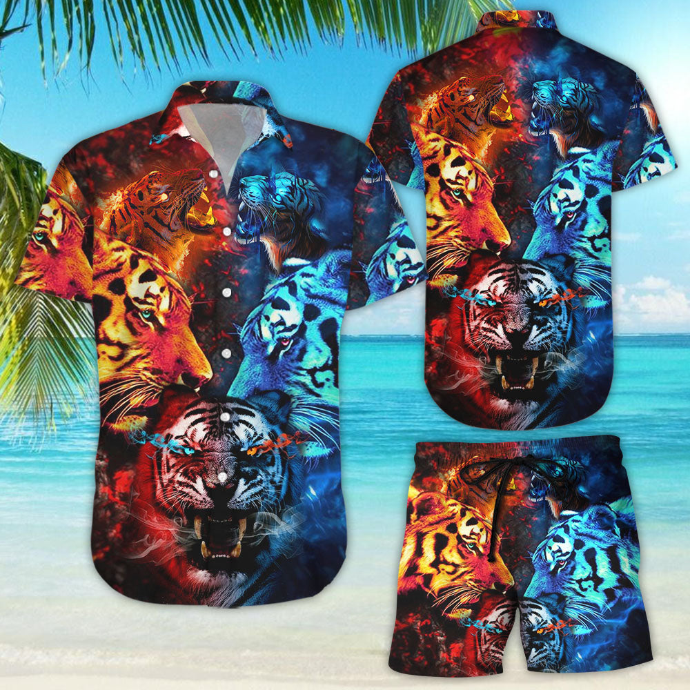 Tiger Hawaiian Shirt - Colorful Tiger Fight Button Down Shirt - Beach Themed Gifts For Men{Size}