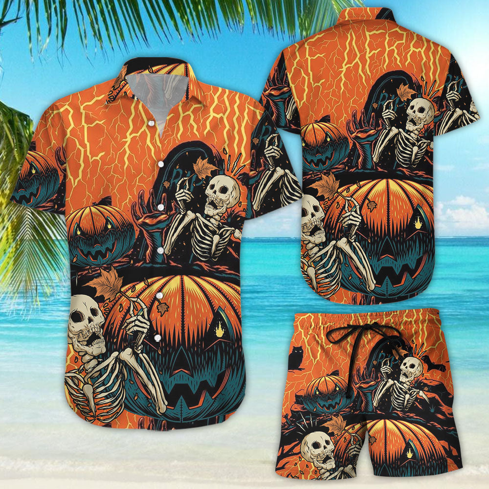 Skeleton Hawaiian Shirt - Halloween Skeleton Skull Headstone Pumpkin Hawaii Shirt - Halloween Gifts For Teens{Size}