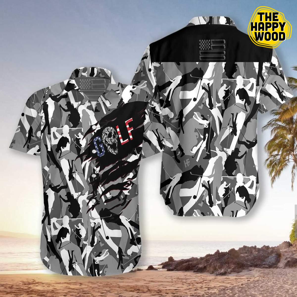 Tattered Black And White Camouflage Golf Hawaiian Hawaii Shirt{Size}