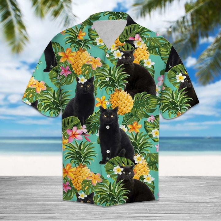 Tropical Pineapple Black Cat 3D Hawaiian Shirt For Men With Vibrant Colors And Textures{Size}