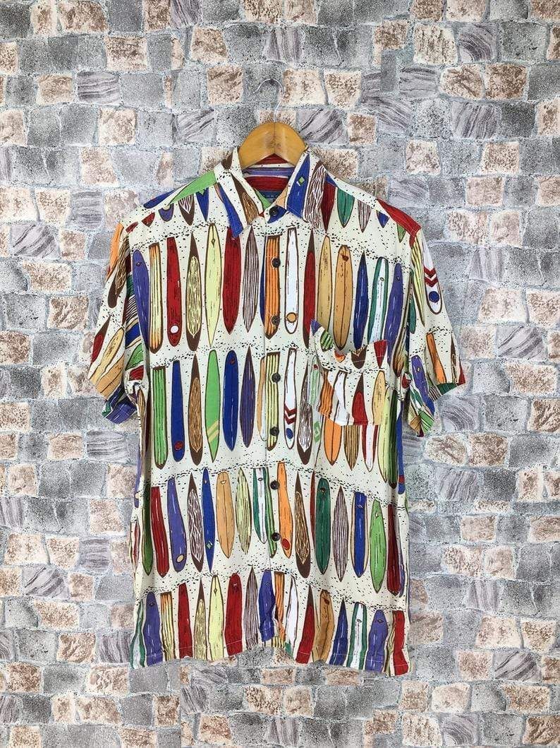 Vintage 80S Hawaiian Surfboard Pattern Surfing Shirt Aloha Beach Surfer L{Size}