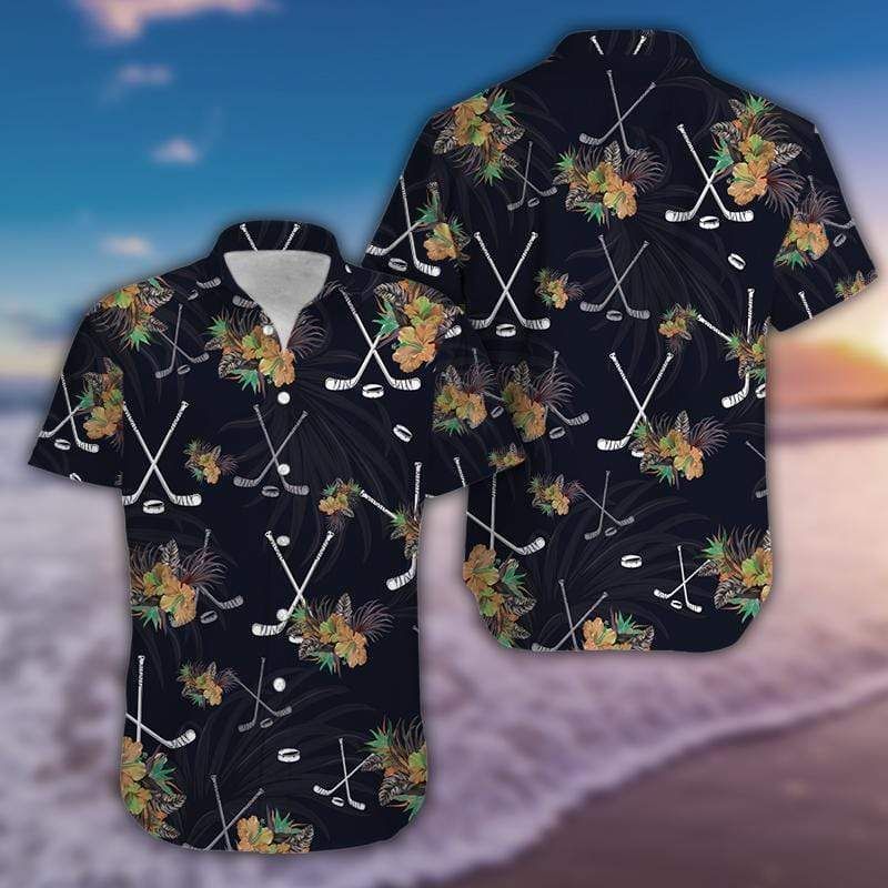 Simple Hockey Tropical Black Aloha Hawaiian Shirts 150321H{Size}