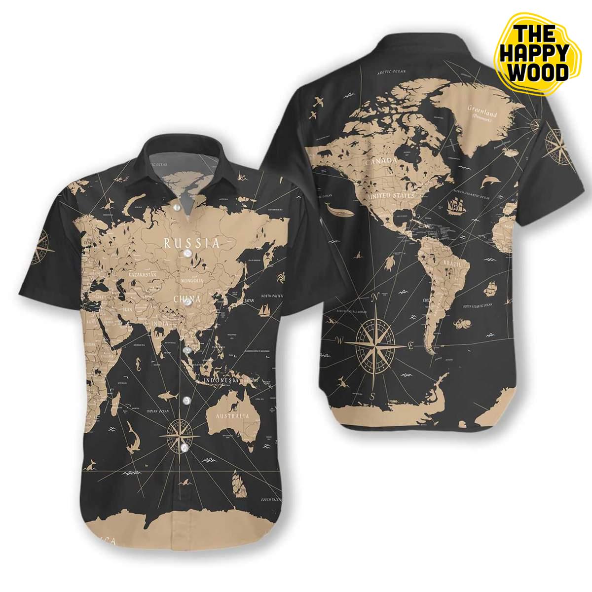 World Map Vintage Black Golden Hawaiian Hawaii Shirt{Size}