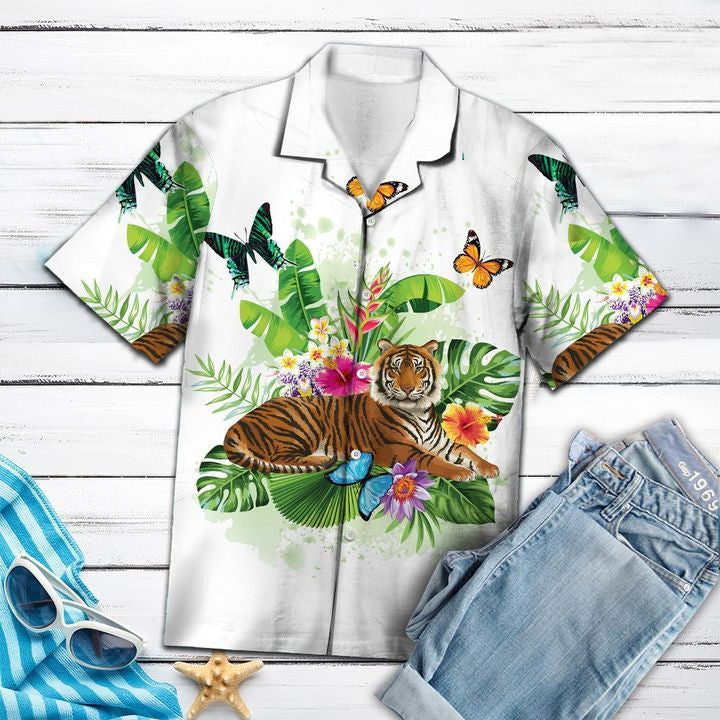 Tiger Butterfly Tropical 3D Hawaiian Shirt For Men With Vibrant Colors And Textures{Size}