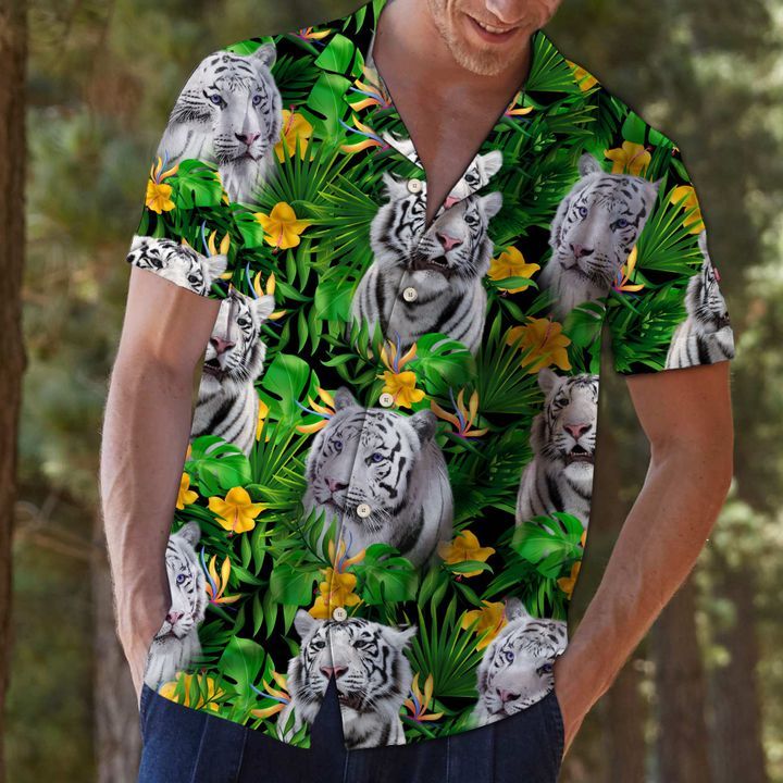 White Tiger Tropical Wild Flower Hawaiian Shirt For Men With Vibrant Colors And Textures{Size}