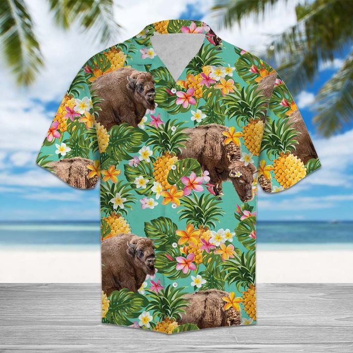 Tropical Pineapple Bison 3D Hawaiian Shirt For Men With Vibrant Colors And Textures{Size}