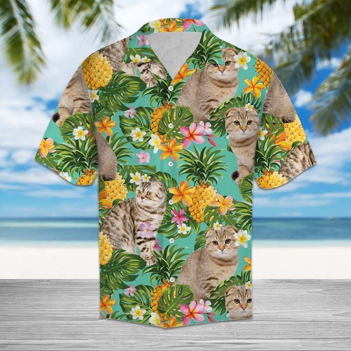 Tropical Pineapple Scottish Fold 3D Hawaiian Shirt For Men With Vibrant Colors And Textures{Size}