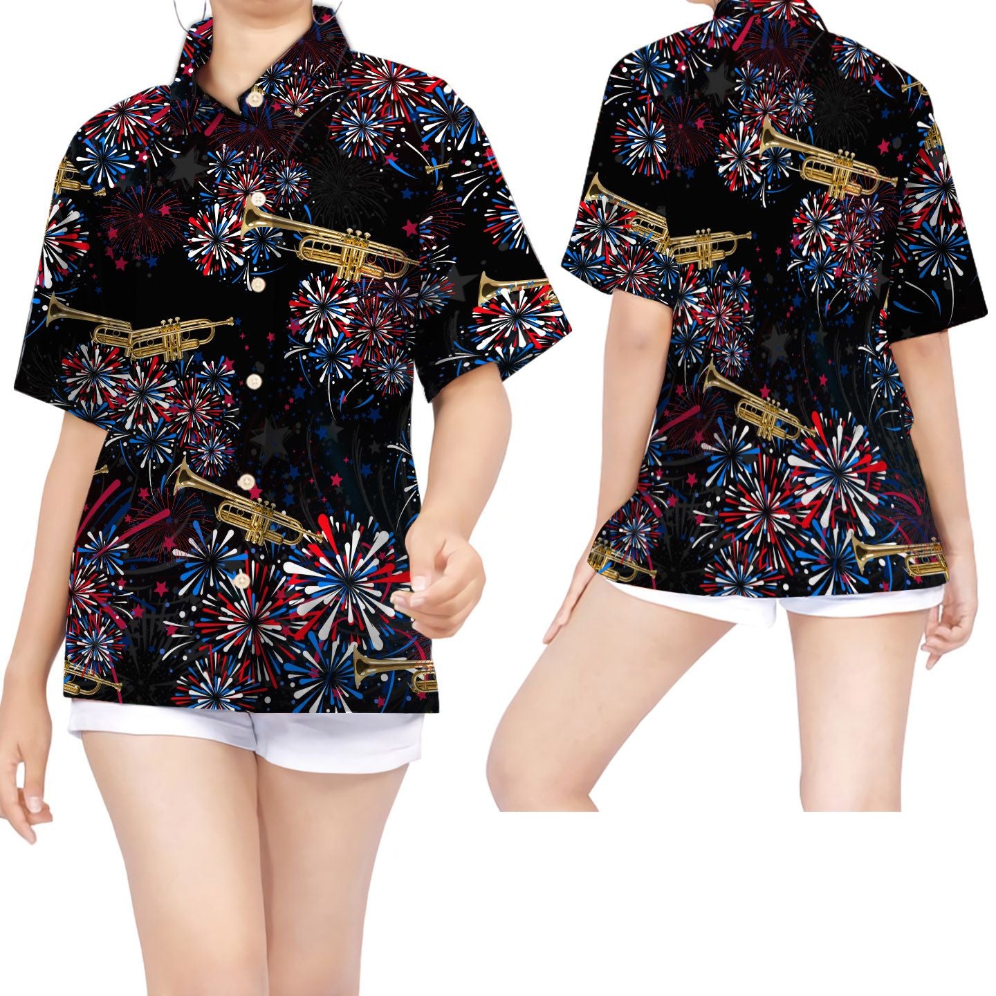 Trumpet American Independence Day 4Th Of July Fireworks Women Hawaiian Shirt{Size}