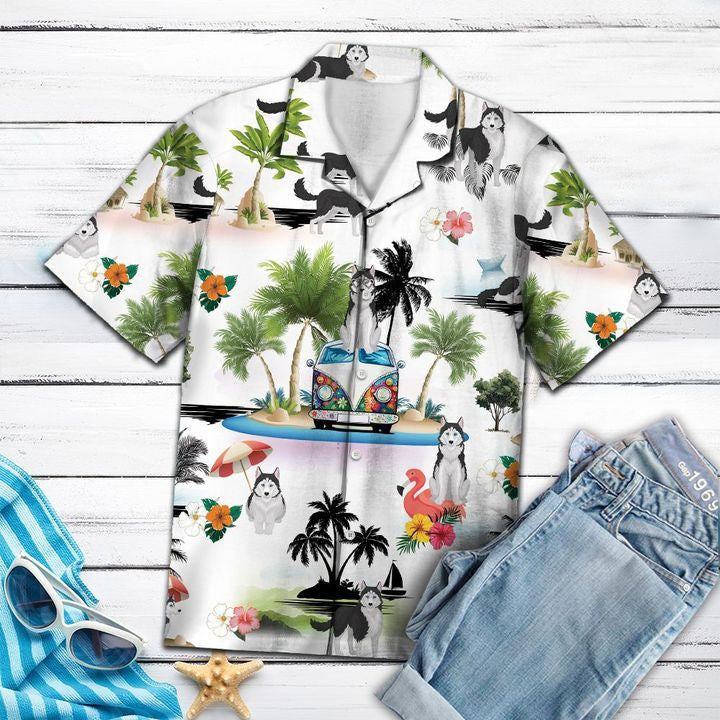 Siberian Husky Vacation Hawaiian Shirt For Men With Vibrant Colors And Textures{Size}