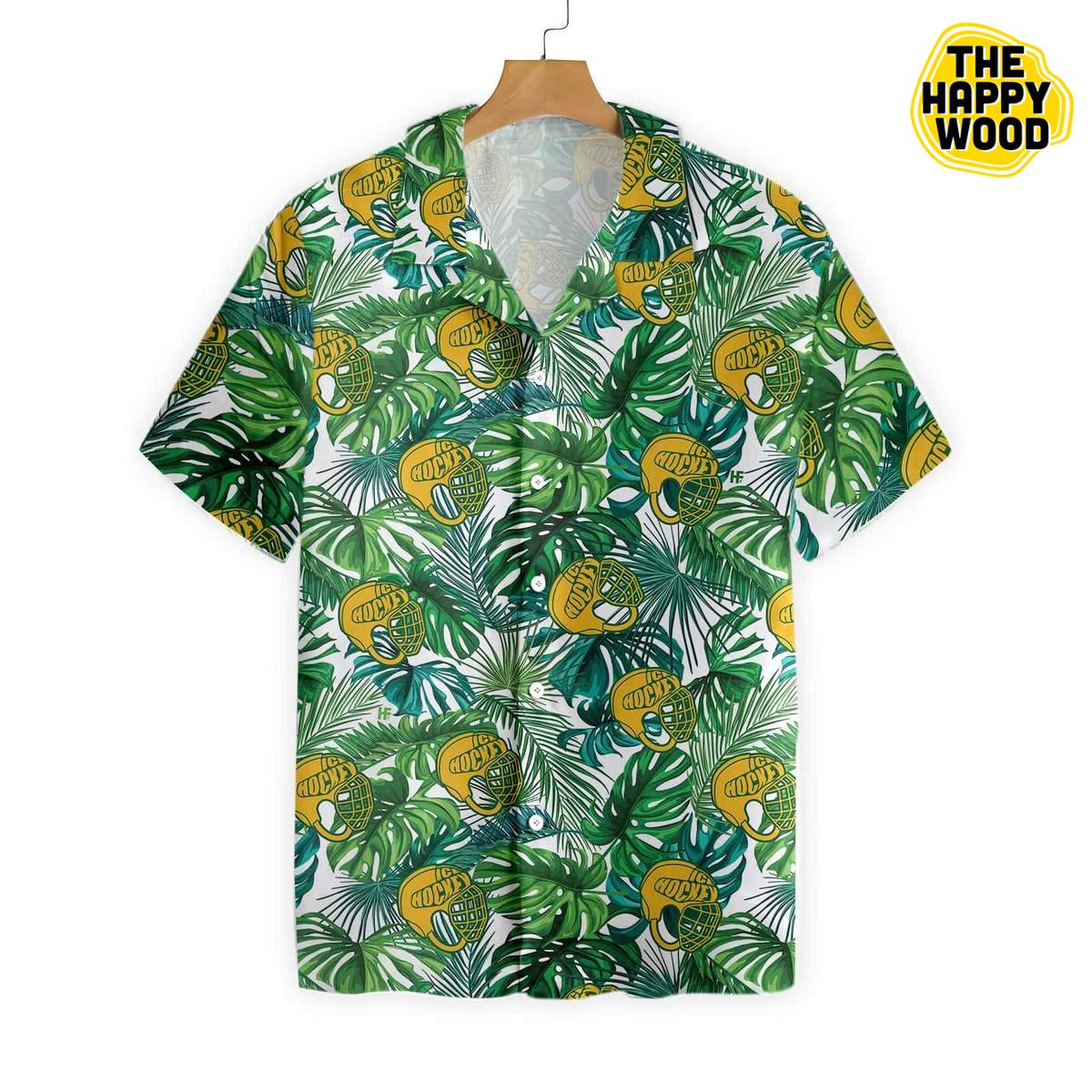 Tropical Ice Hockey Yellow Helmet Hawaiian Hawaii Shirt{Size}