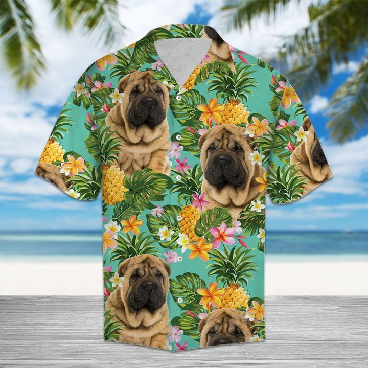 Tropical Pineapple Shar Pei 3D Hawaiian Shirt For Men With Vibrant Colors And Textures{Size}