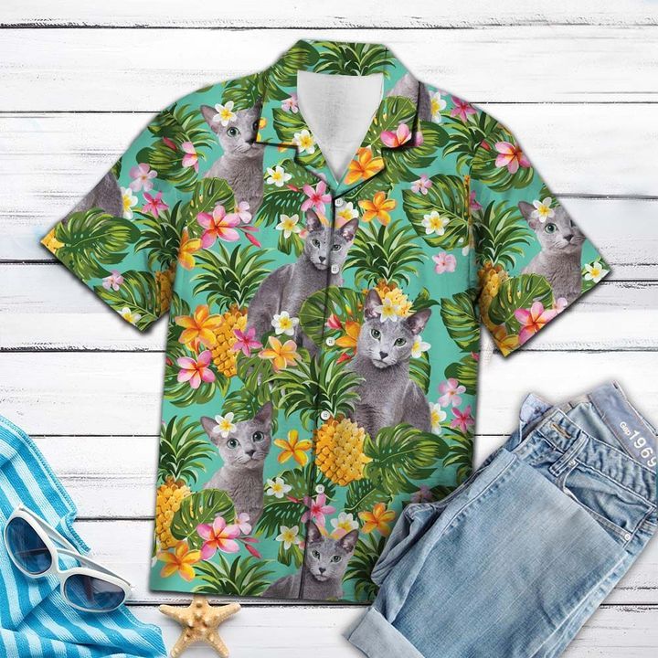 Tropical Pineapple Russian Blue 3D Hawaiian Shirt For Men With Vibrant Colors And Textures{Size}