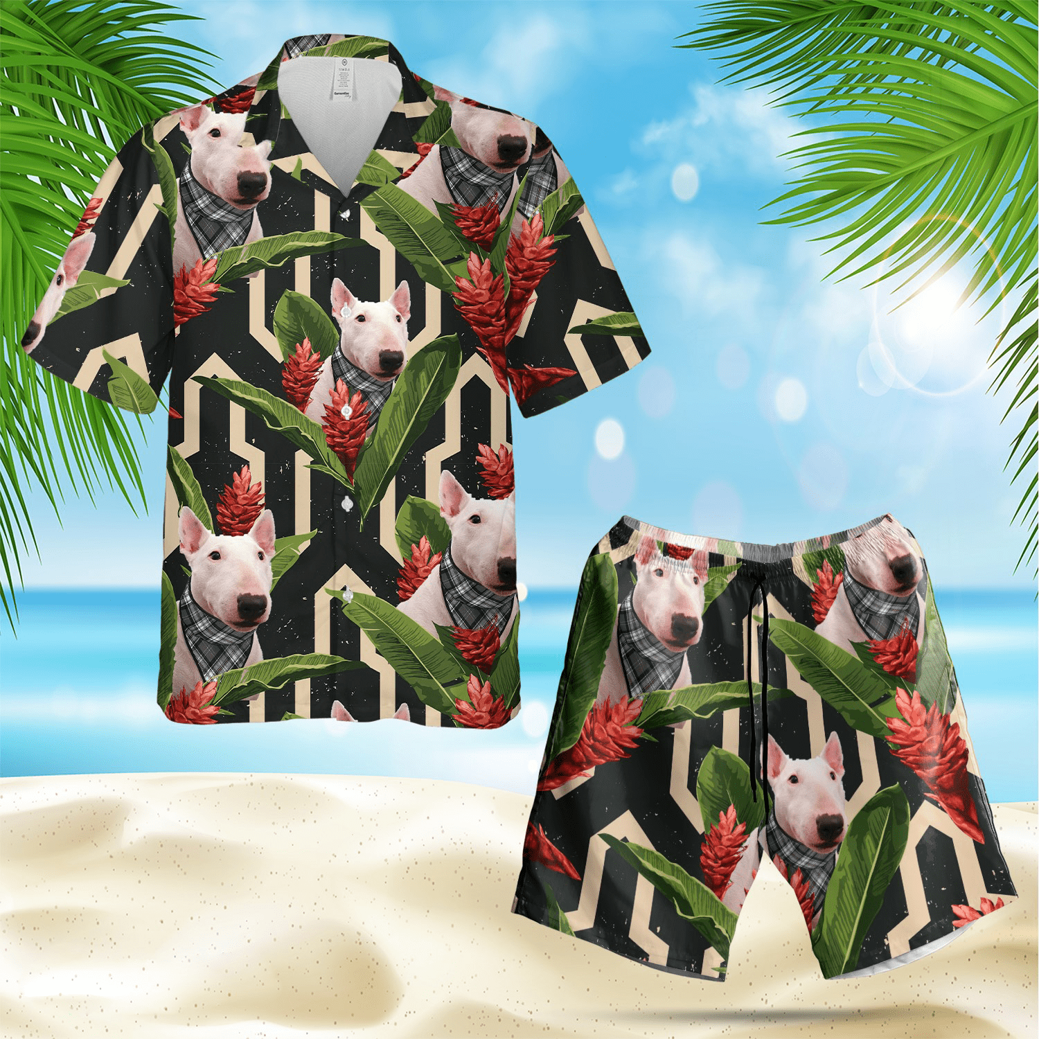 Tropical Palm Tree Bull Terrier Hawaiian Shirts Or Shorts #H{Size}