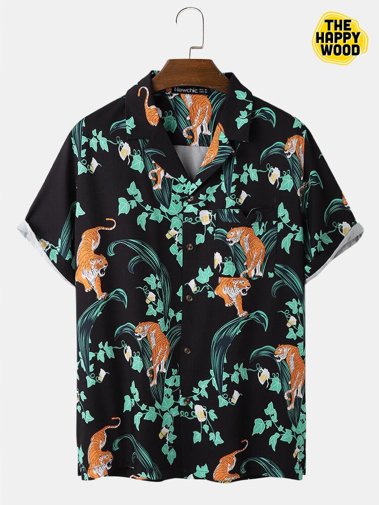 Tiger & Plant Print Camp Hawaiian Hawaii Shirt{Size}