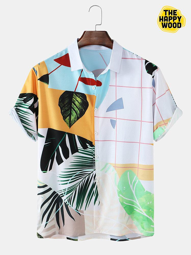 Tropical Leaves & Plaid Colorblock PrintHawaiian Hawaii Shirt{Size}