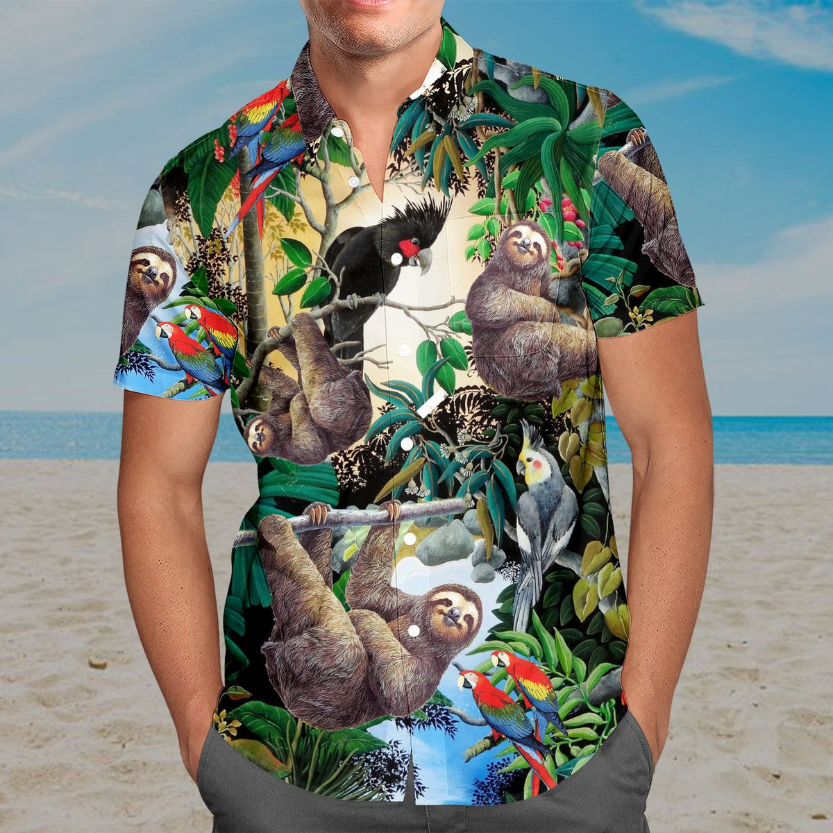 Sloth & Parrot In Tropical Forest 3D Print Hawaiian Aloha Shirt{Size}