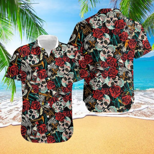 Sugar Skull Red Flower Hawaiian Shirt | Crazy Funny Hawaiian Shirt | Vintage Hawaiian Shirt{Size}