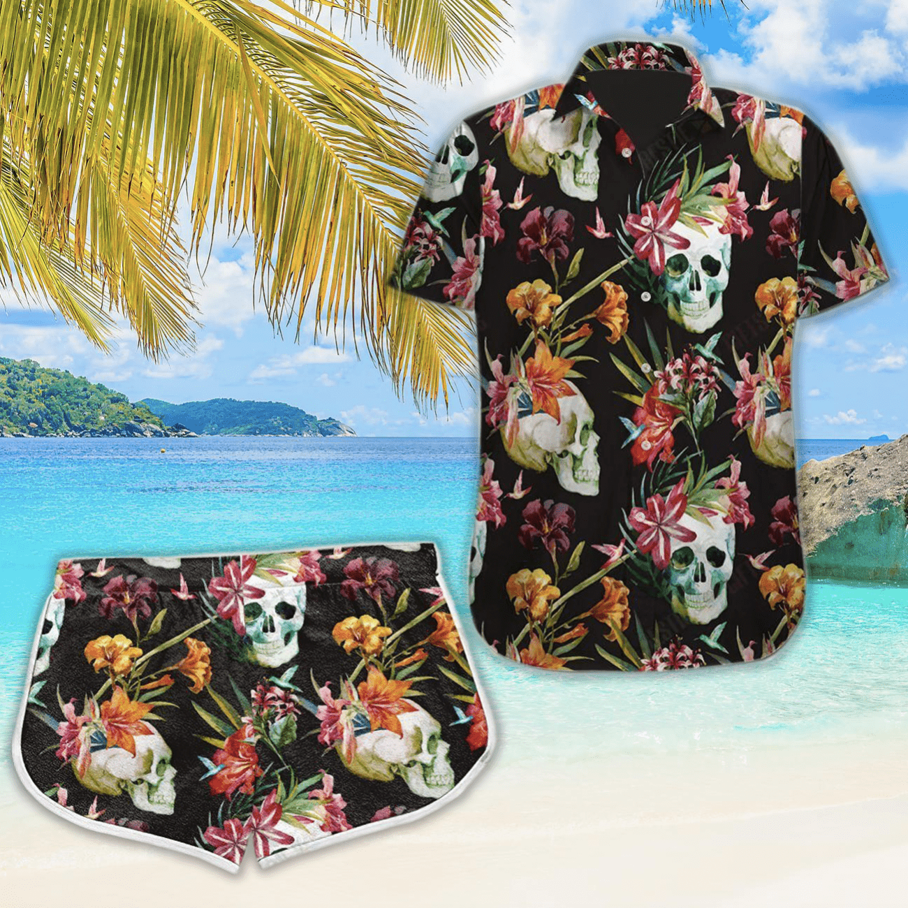 Tropical Skull Colorful Hawaiian Shirts Women Board Shorts #Vi{Size}