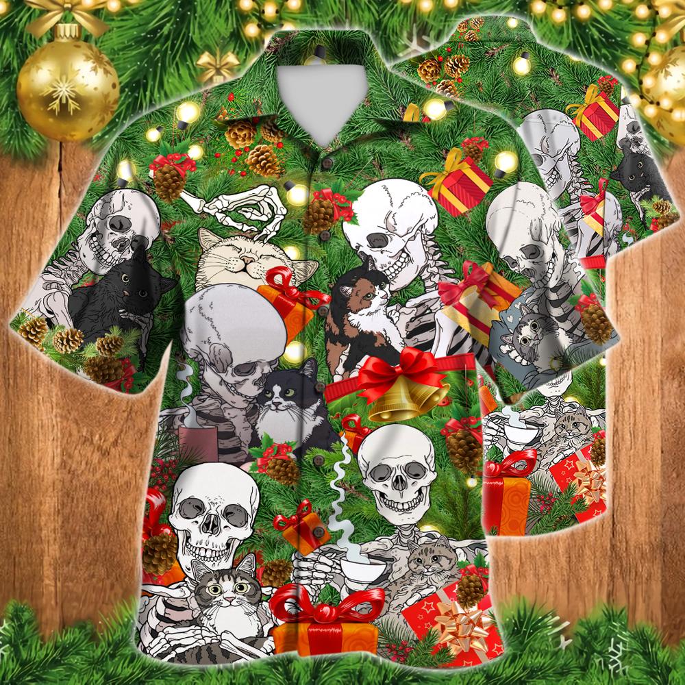 Skeleton Skull & Cat Christmas Hawaiian Shirt | For Men & Women | Adult | HW9757{Size}