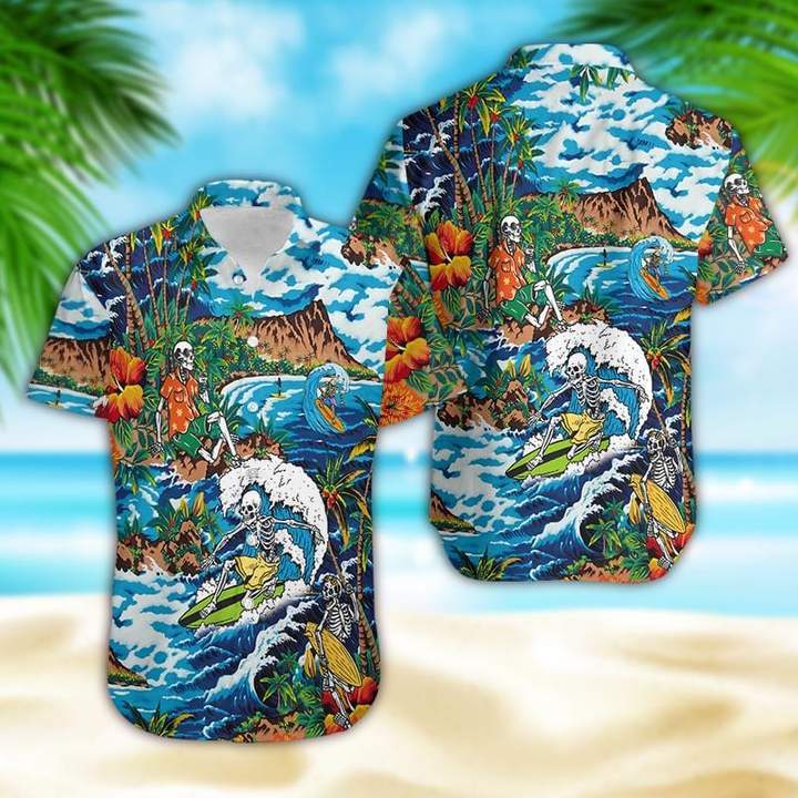 Skeleton Surfing On Tropical Island Halloween Hawaiian Shirt | For Men & Women | Adult | HW5990{Size}