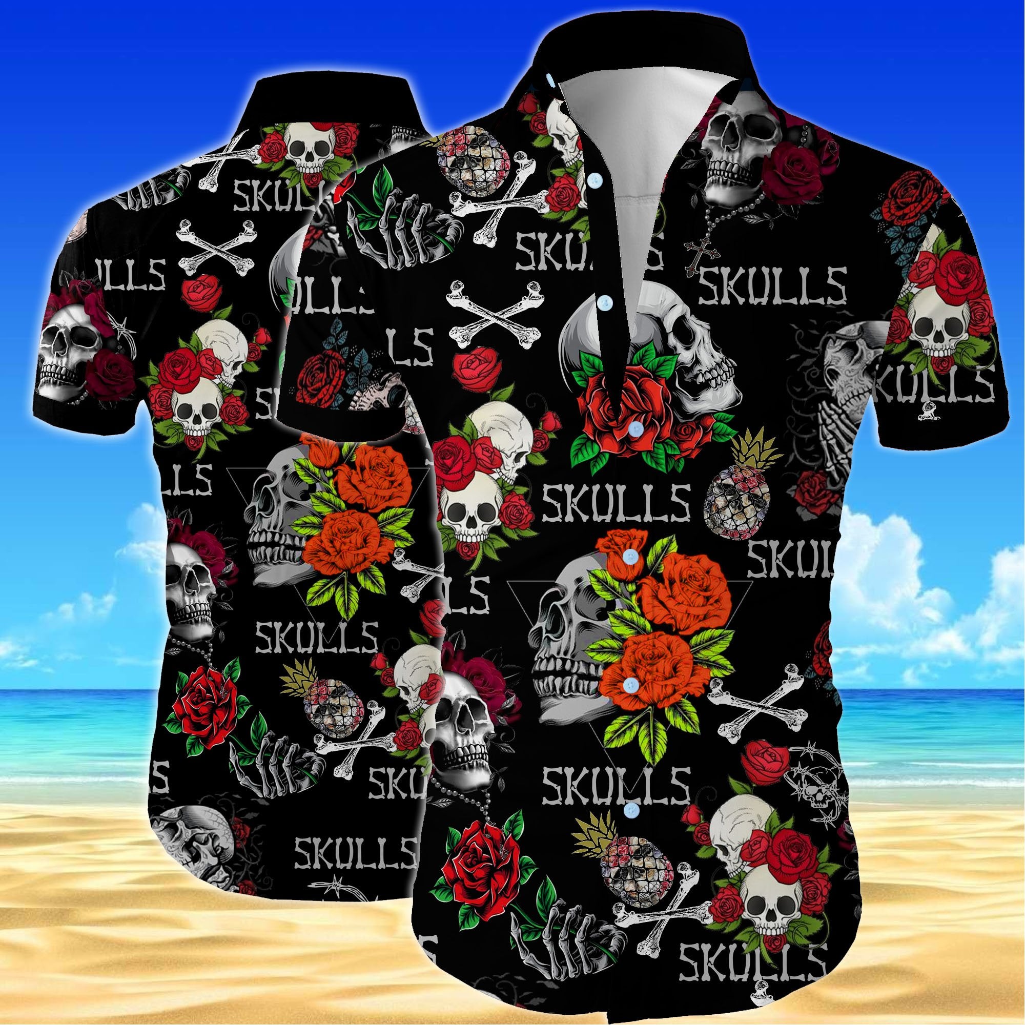 Skull And Roses All Over Printed Hawaiian Shirt â Maria{Size}