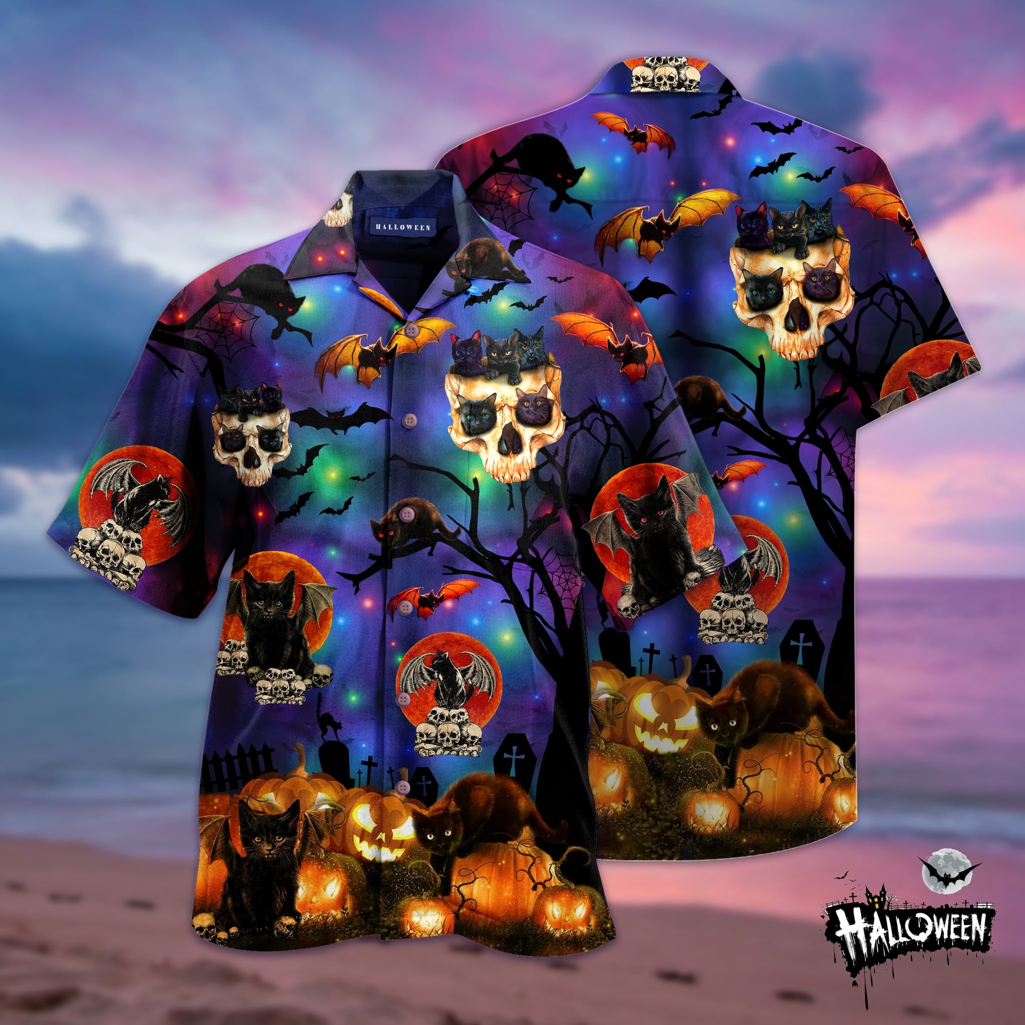 Skull Black Cat Halloween Hawaiian Shirt â Maria{Size}