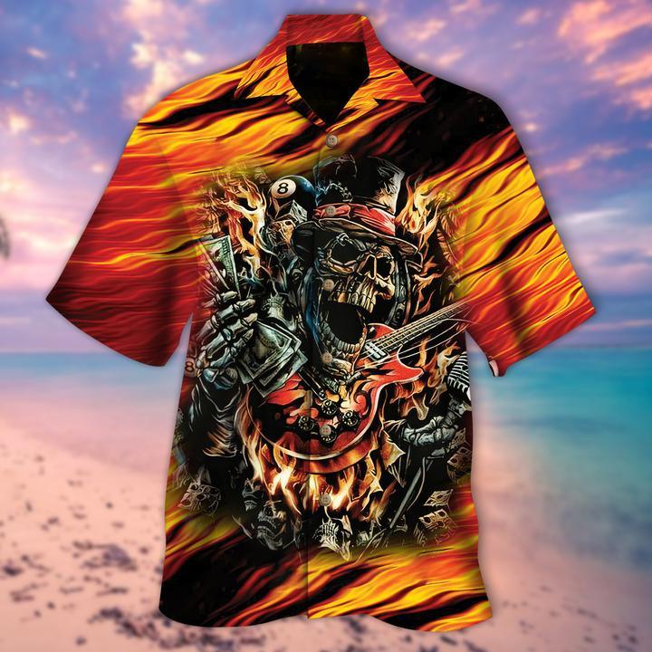 Skull Hawaiian Shirt - Fire Skull Guitar Button Down Shirts - Presents For Summer Holidays{Size}