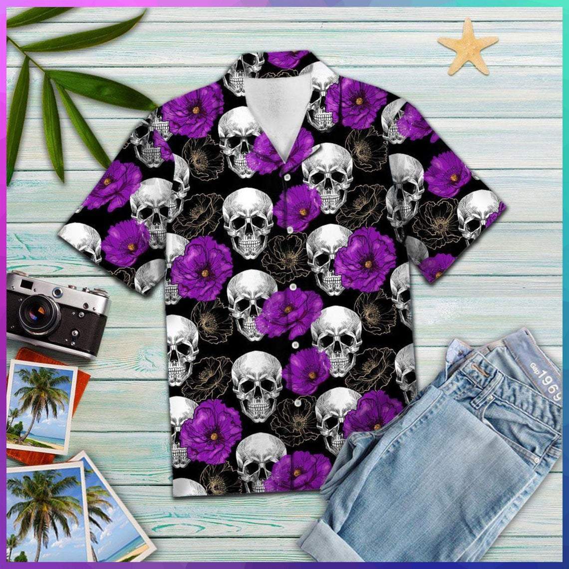 Skull Purple Flower Hawaiian Shirt | For Men & Women | Adult | HW5177{Size}