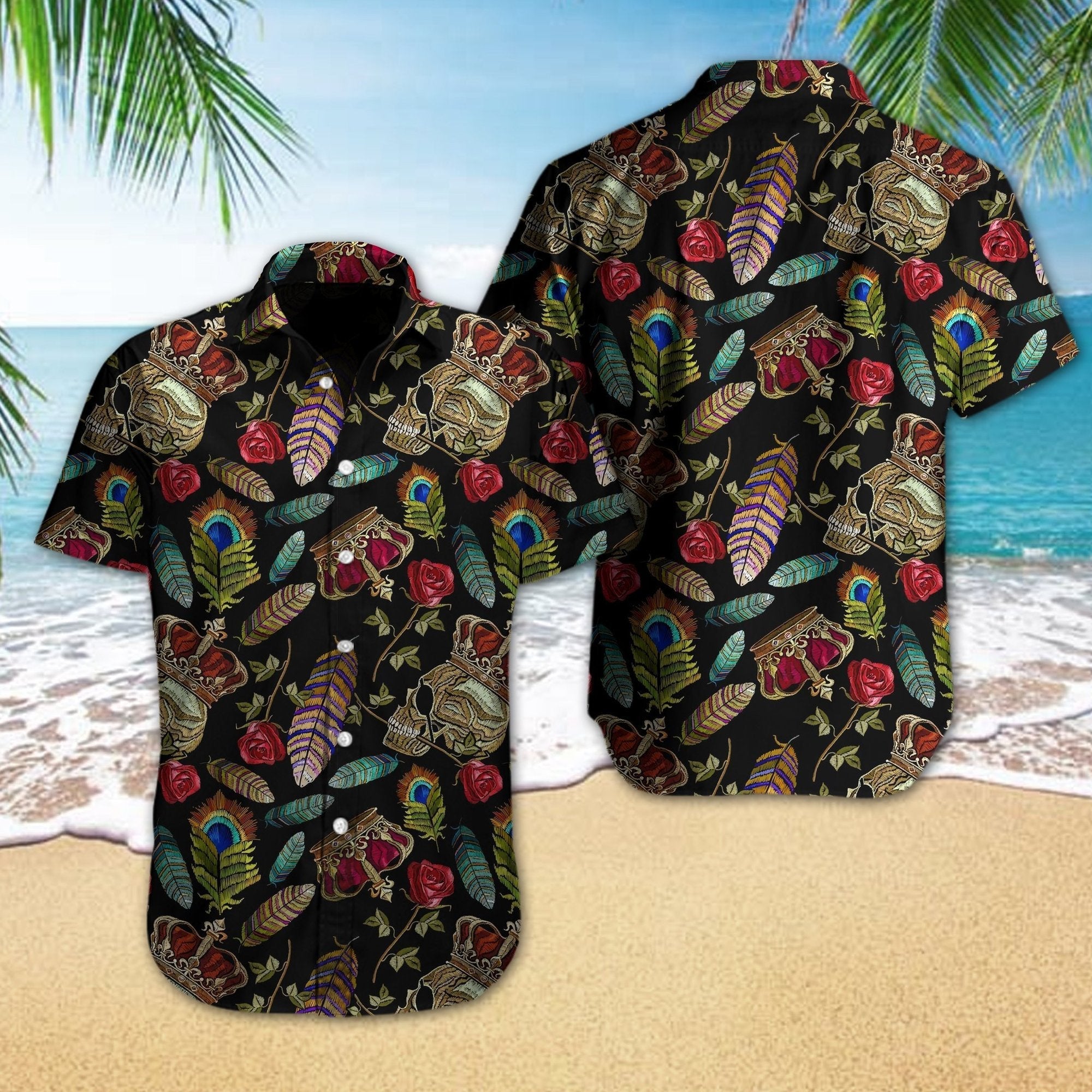 Skull Hawaiian Shirt - Skull Crown Rose Button Down Shirts - Beach Vacation Themed Gifts{Size}